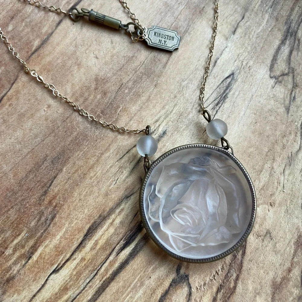 VTG Art Nouveau revival Pididdly Links glass rose necklace, 80s - Picture 5 of 8
